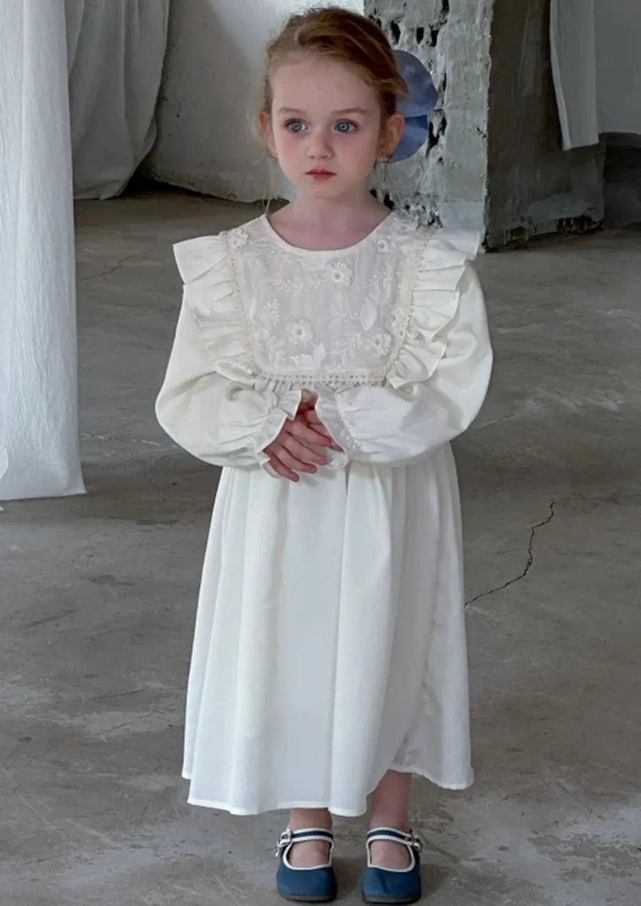 Girls Off-white Solid White Slef-design Dress