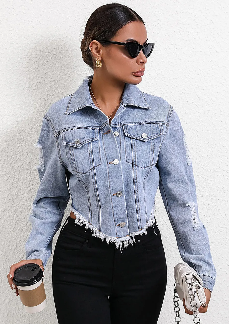 Buy RIPPED DETAIL LIGHT BLUE DENIM JACKET for Women Online in India