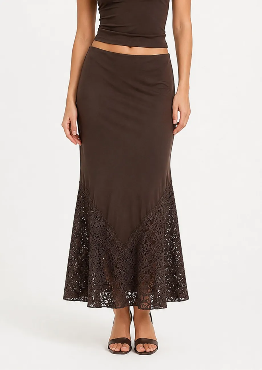 Brown Solid Lace Hem Maxi Skirt