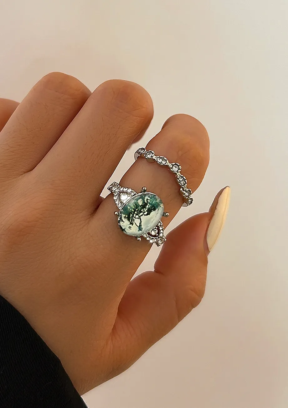 SILVER EMBEDDED RHINESTONES 2PC RING SET