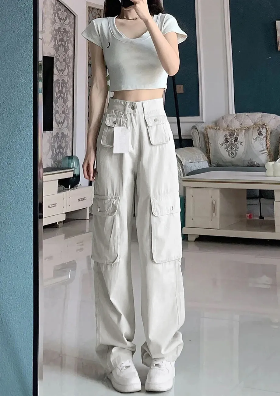 Puntoco Pants For Women Cargo Pants For Women High Waisted Casual Pants Baggy Stretchy Wide Leg Y2k Streetwear With 6 Pockets Army Green 4 S