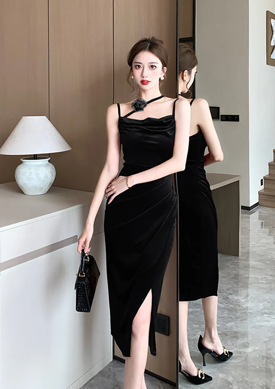 Buy Cowl neck Pleated Midi Black Pencil Dress for Women Online in India