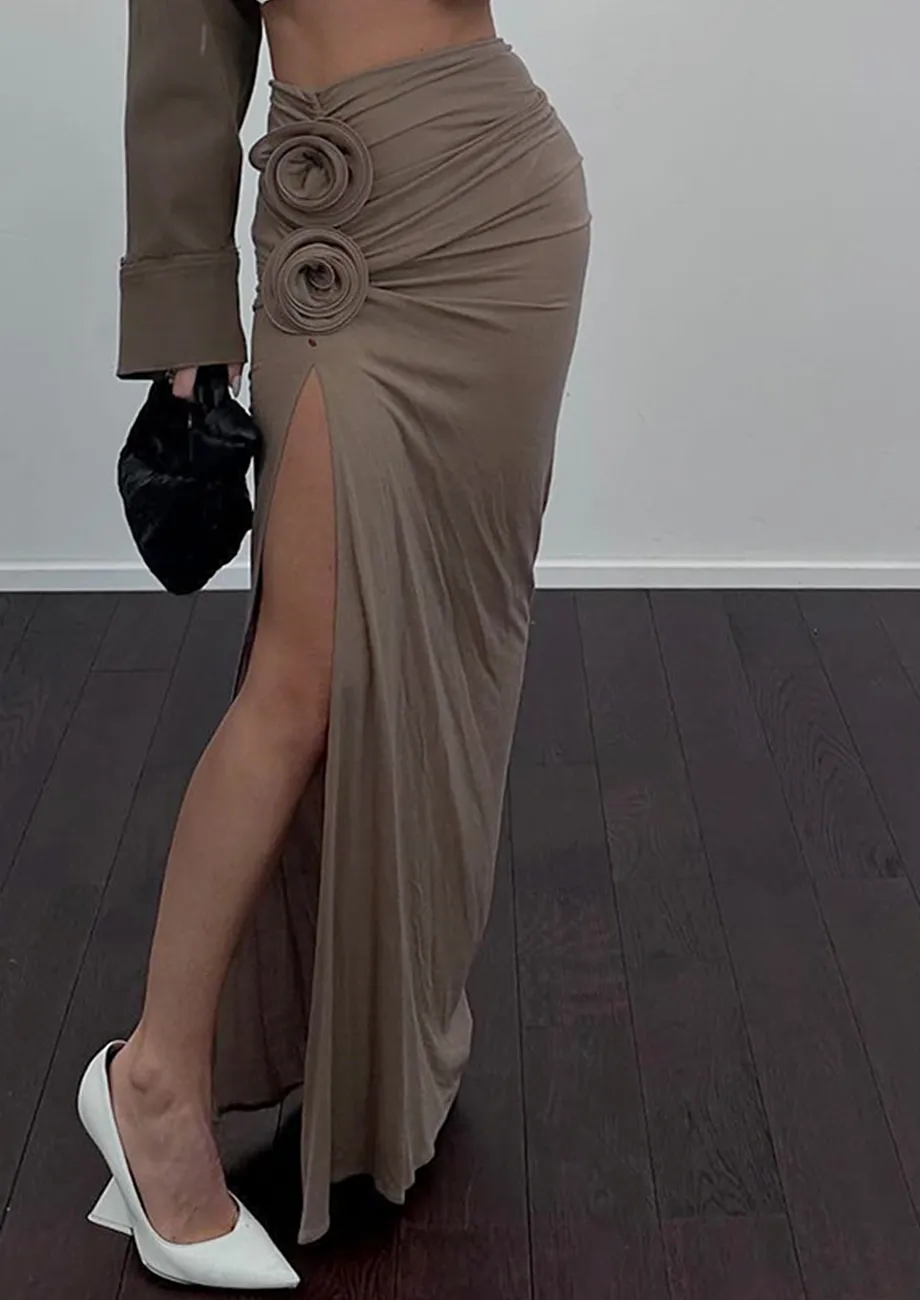 Brown Floral Detail Maxi Skirt