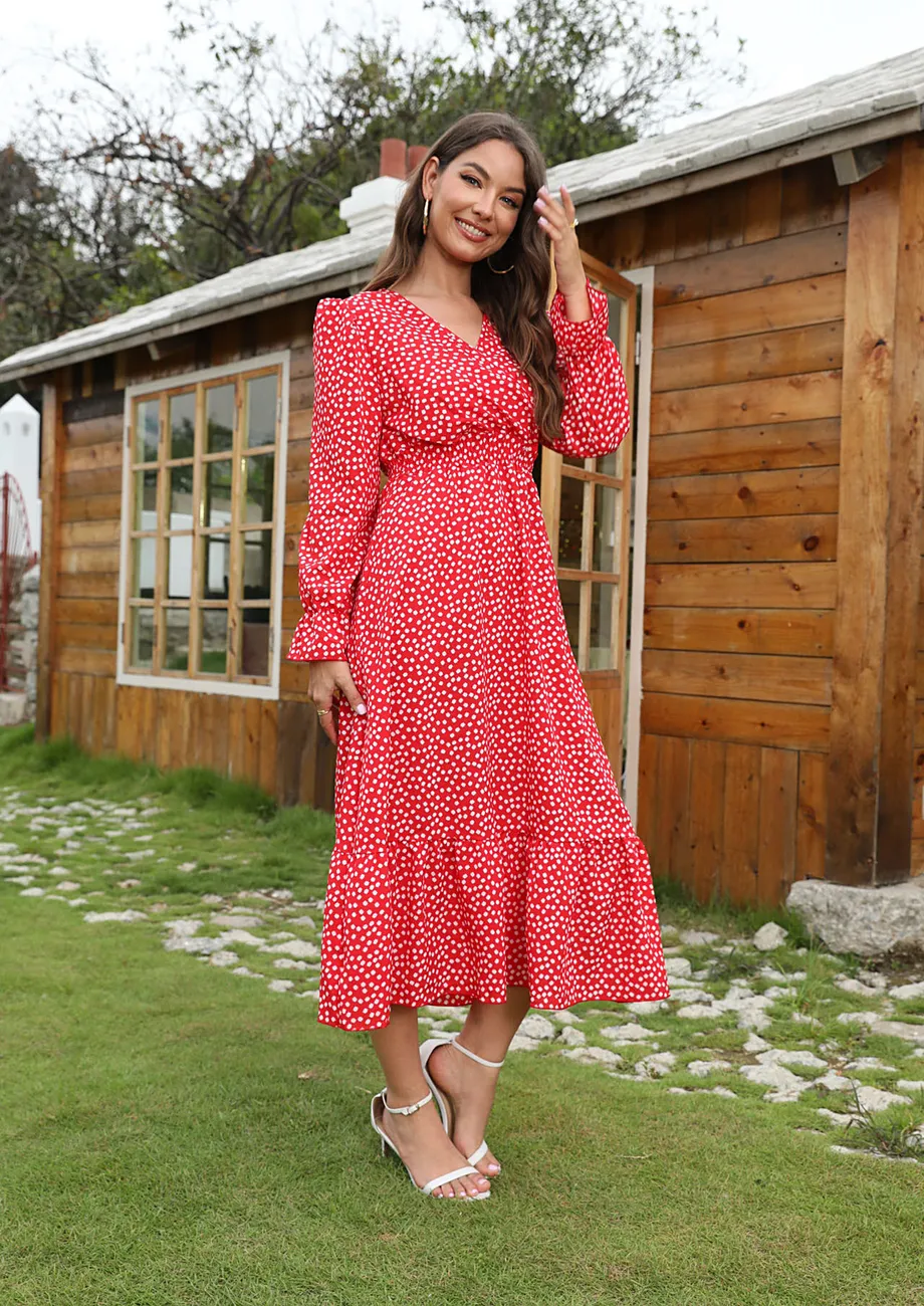 Buy PRINTED RED FRILL HEM MIDI DRESS for Women Online in India