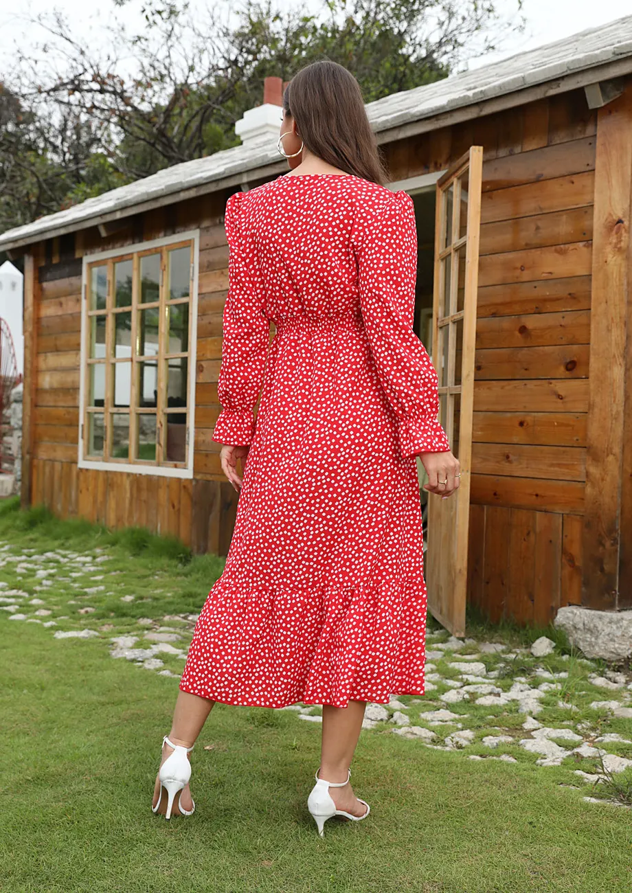 Red orders frill midi dress