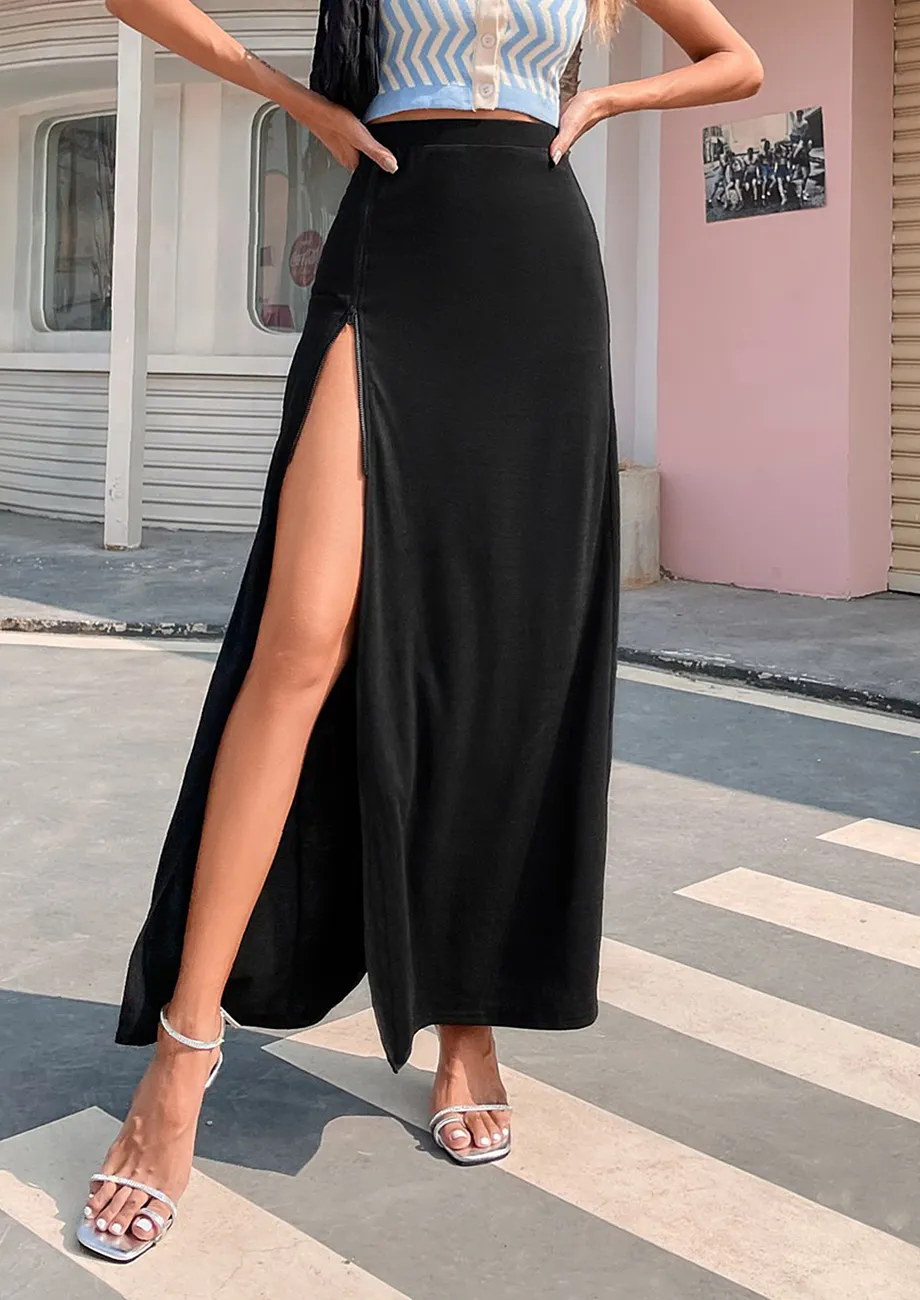 Buy HIGH WAIST BLACK ZIPPER SLIT MAXI SKIRT for Women Online in India