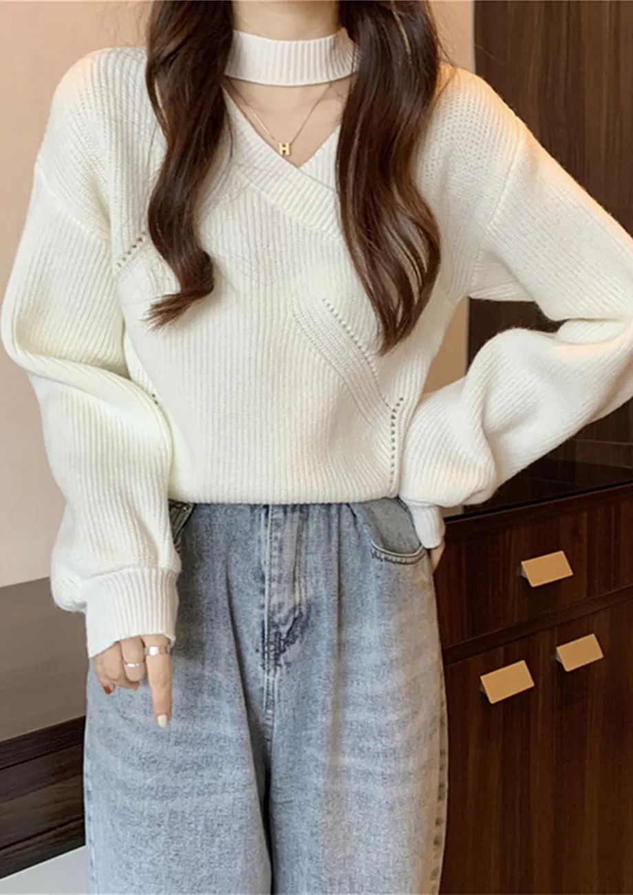 Buy CHOKER V NECK KNITTED WHITE JUMPER for Women Online in India