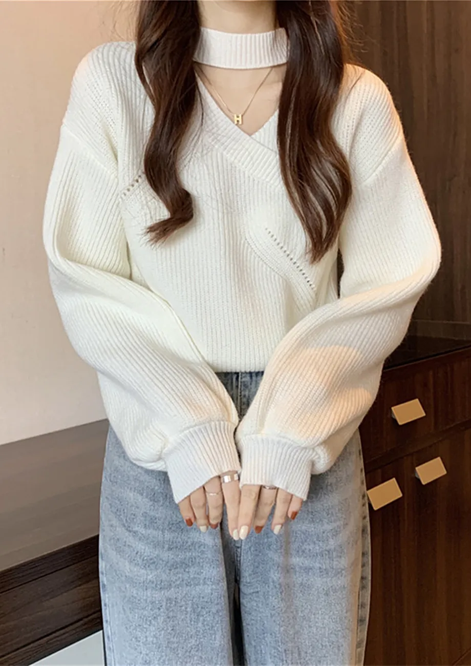 Buy CHOKER V NECK KNITTED WHITE JUMPER for Women Online in India