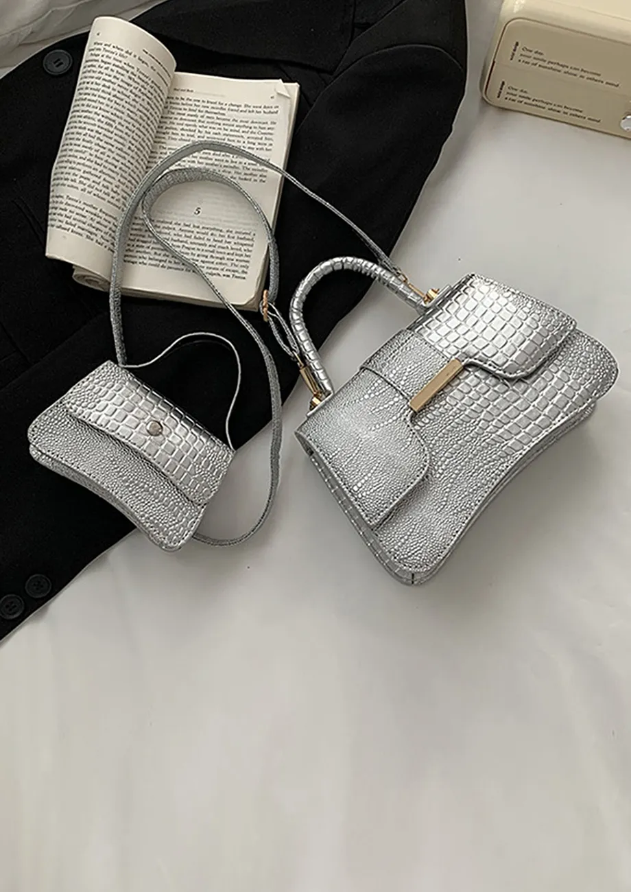EMBOSSED SINGLE-HANDLE PU SILVER CROSSBODY BAG