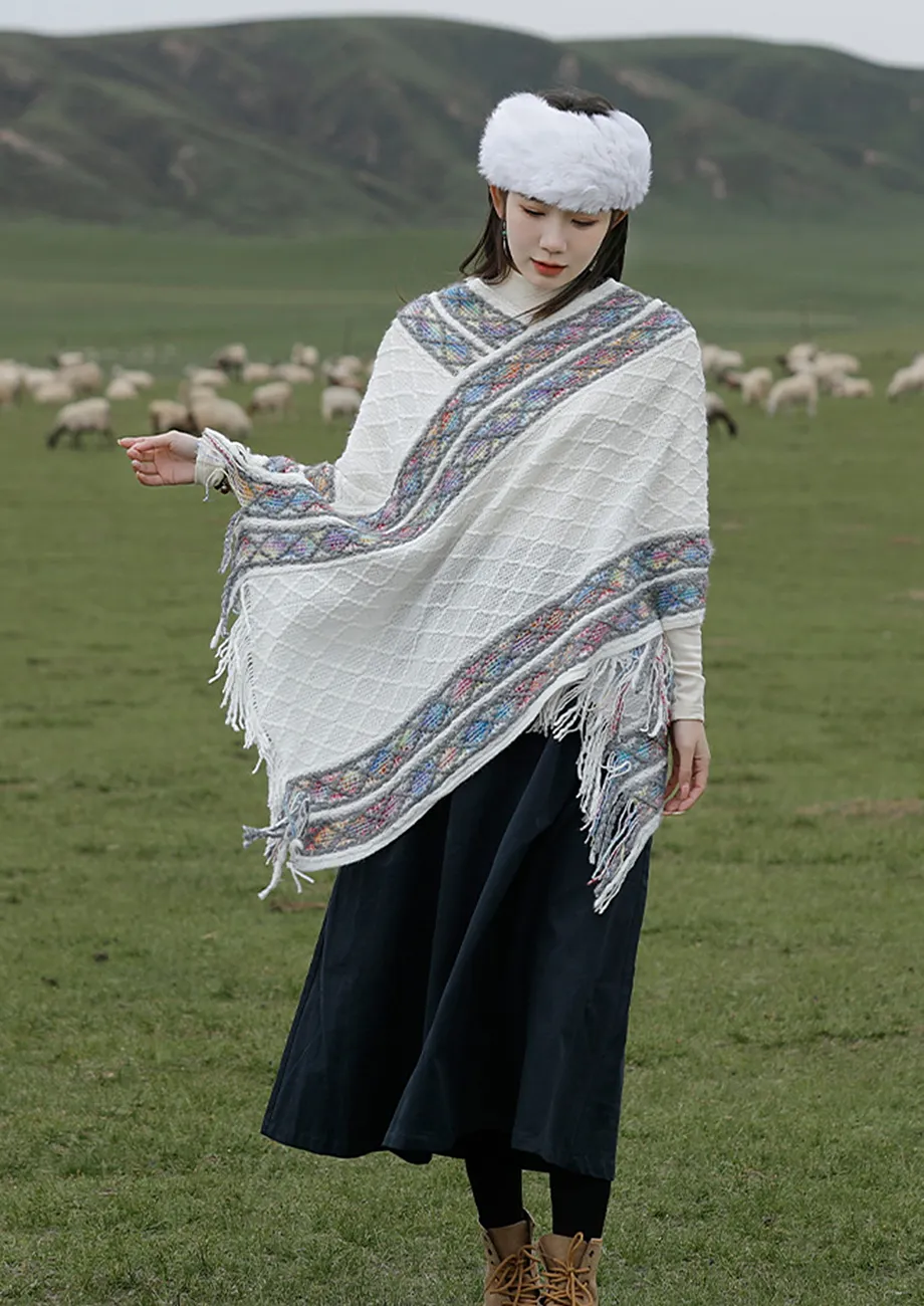 WARM WHITE PRINTED PLAID SHAWL