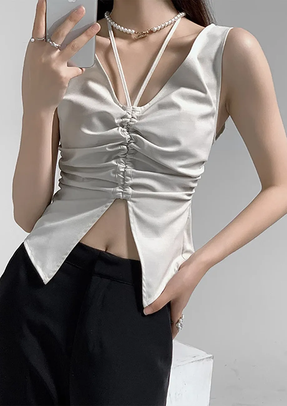 WHITE HALTER DRAWSTRING VEST