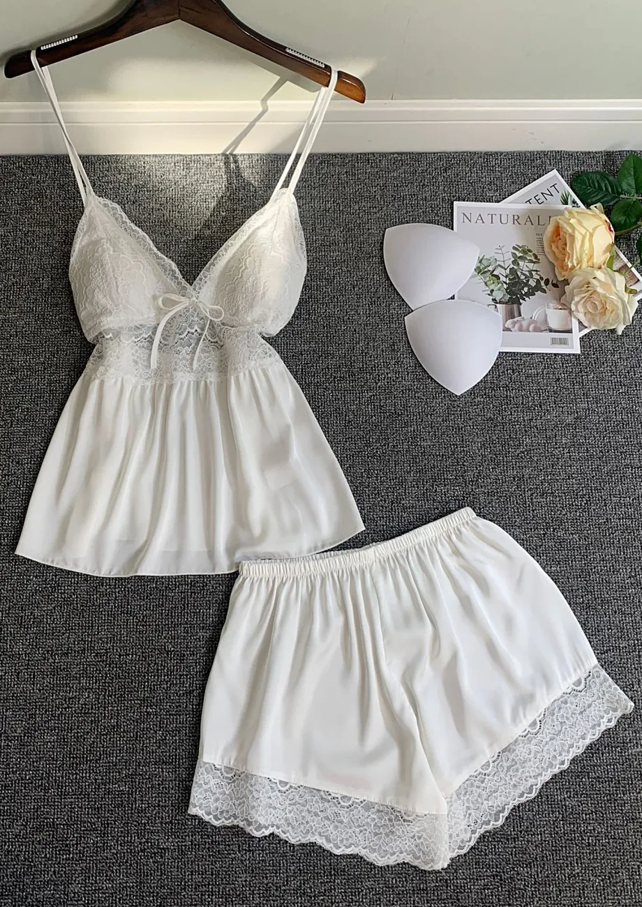 WHITE 2PC SATIN SILK NIGHTWEAR SET