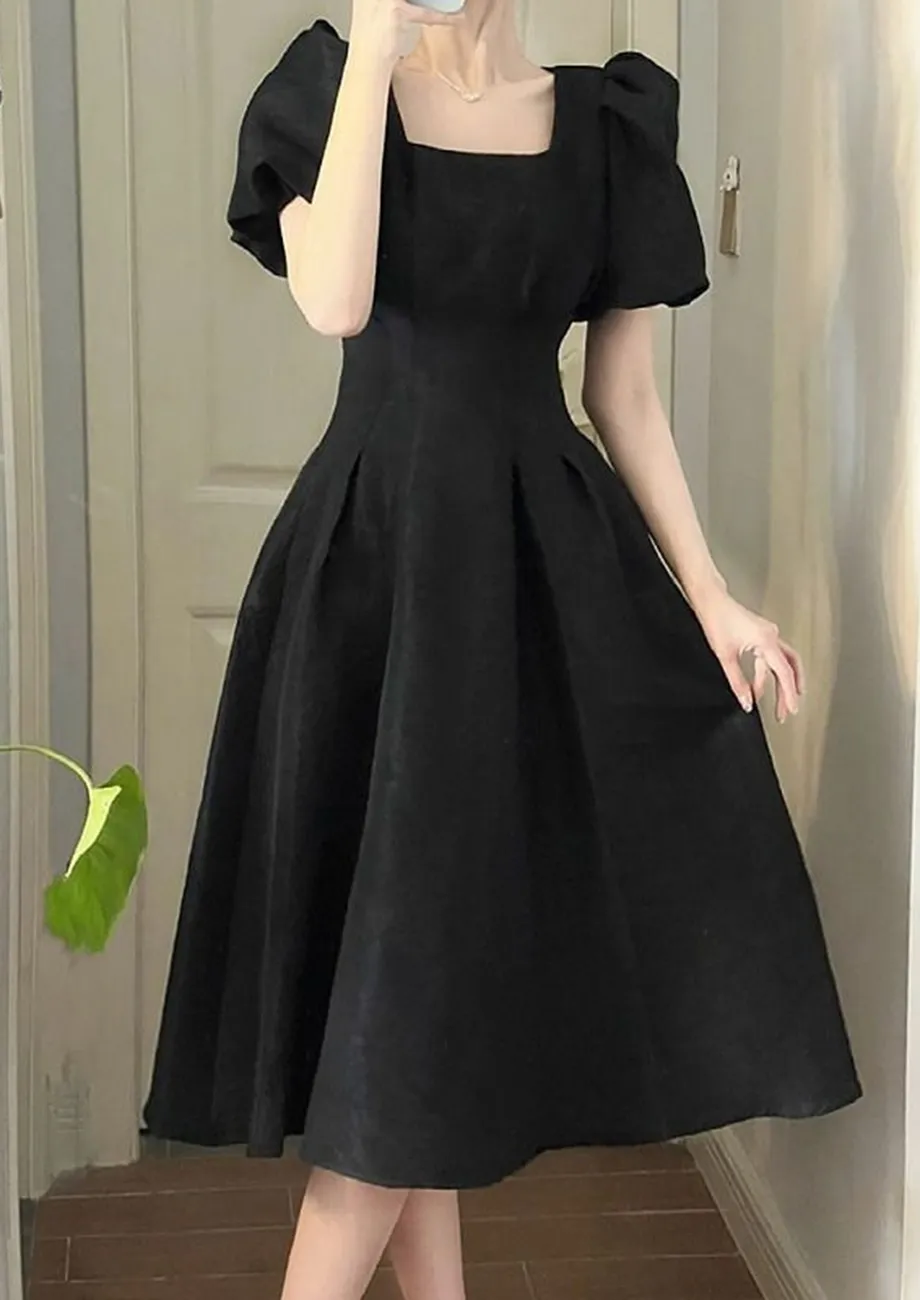 Buy PLEATED PUFF SLEEVE BLACK MIDI DRESS for Women Online in India