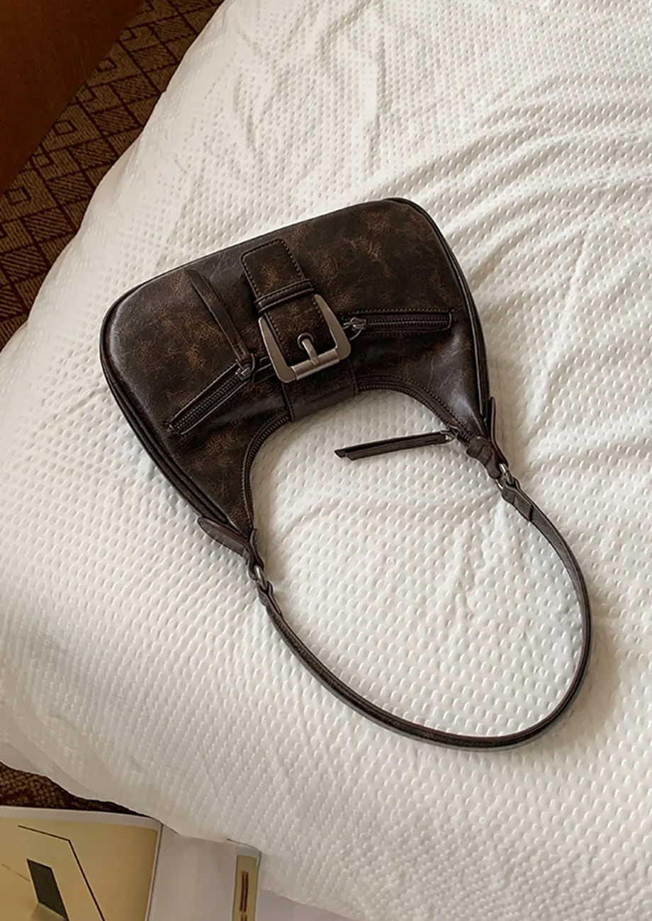 BROWN TEXTURED PU LEATHER SHOULDER BAG