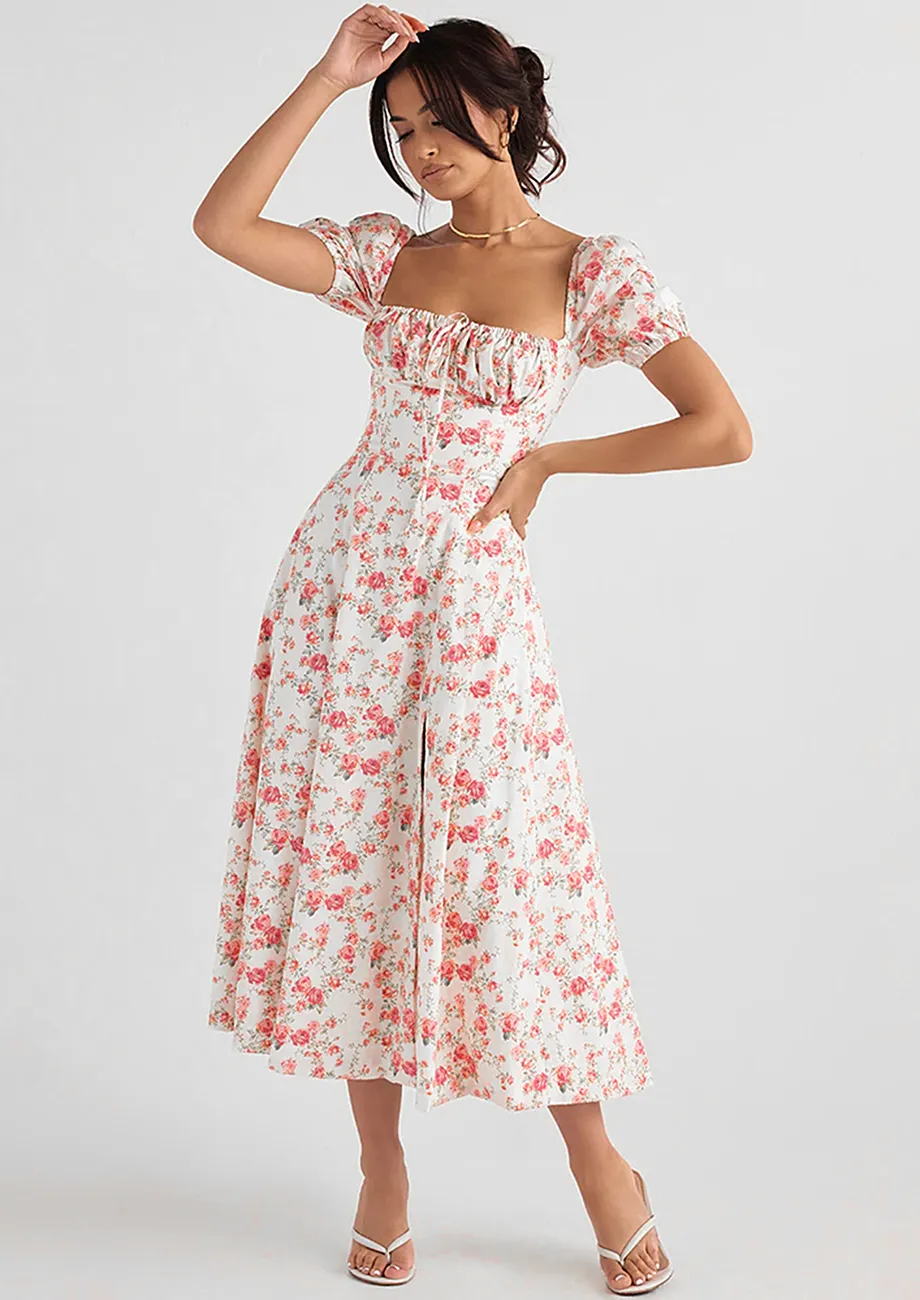 Buy WHITE FLORAL PRINT MIDI DRESS for Women Online in India