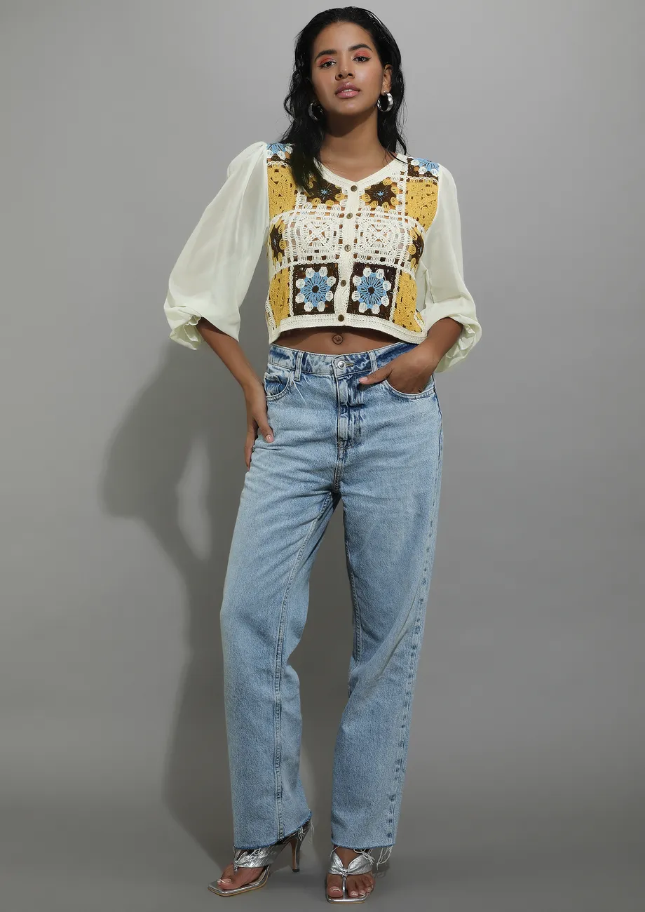 YELLOW CHIFFON-SLEEVED CROCHETED BLOUSE