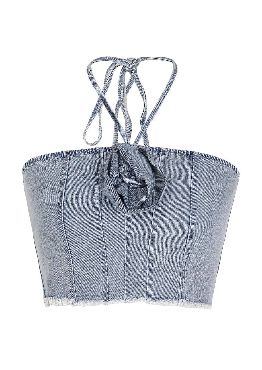 BLUE HALTERNECK DENIM CROP TOP