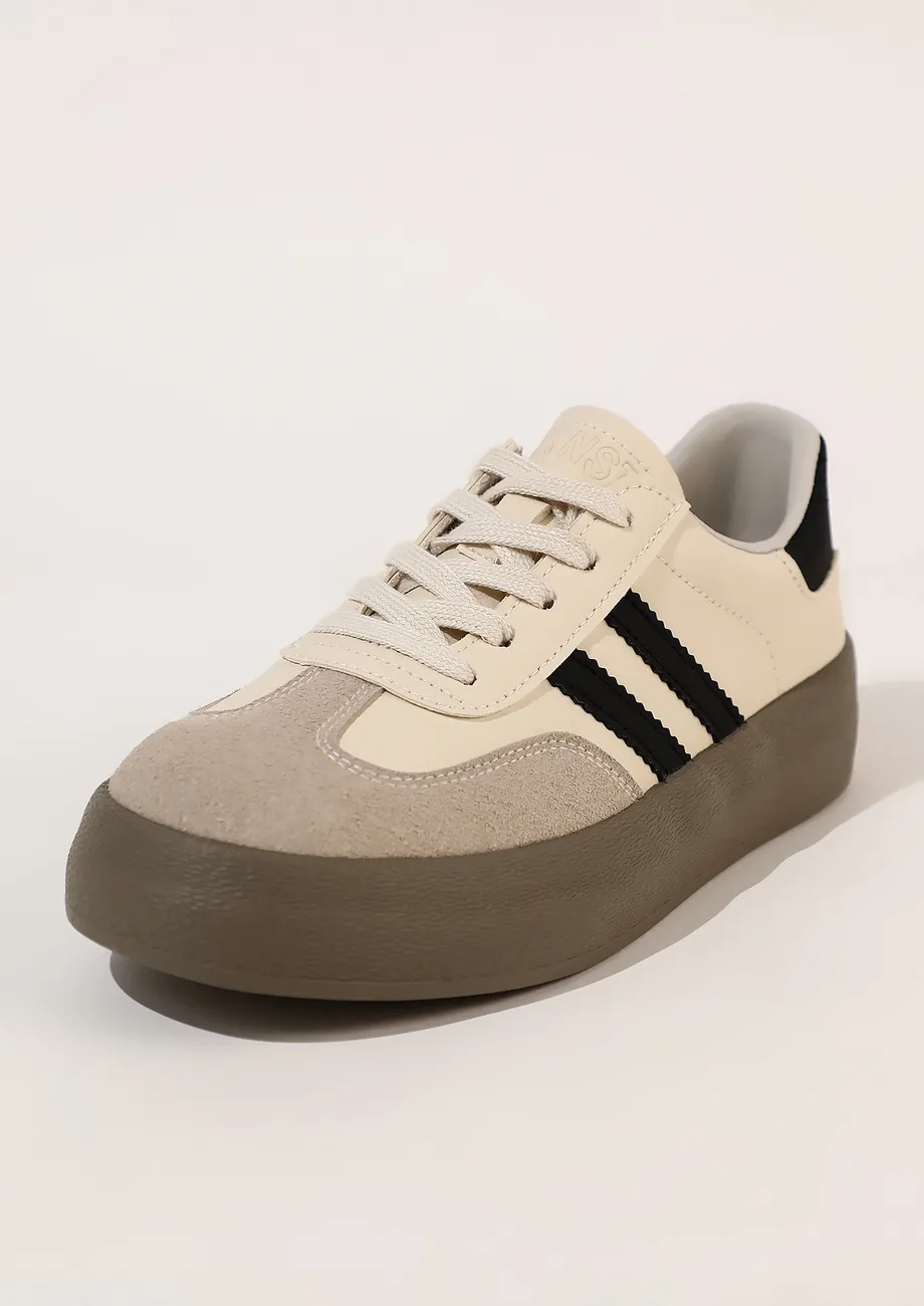 BEIGE IMITATION LEATHER ROUNDED TOE TRAINERS