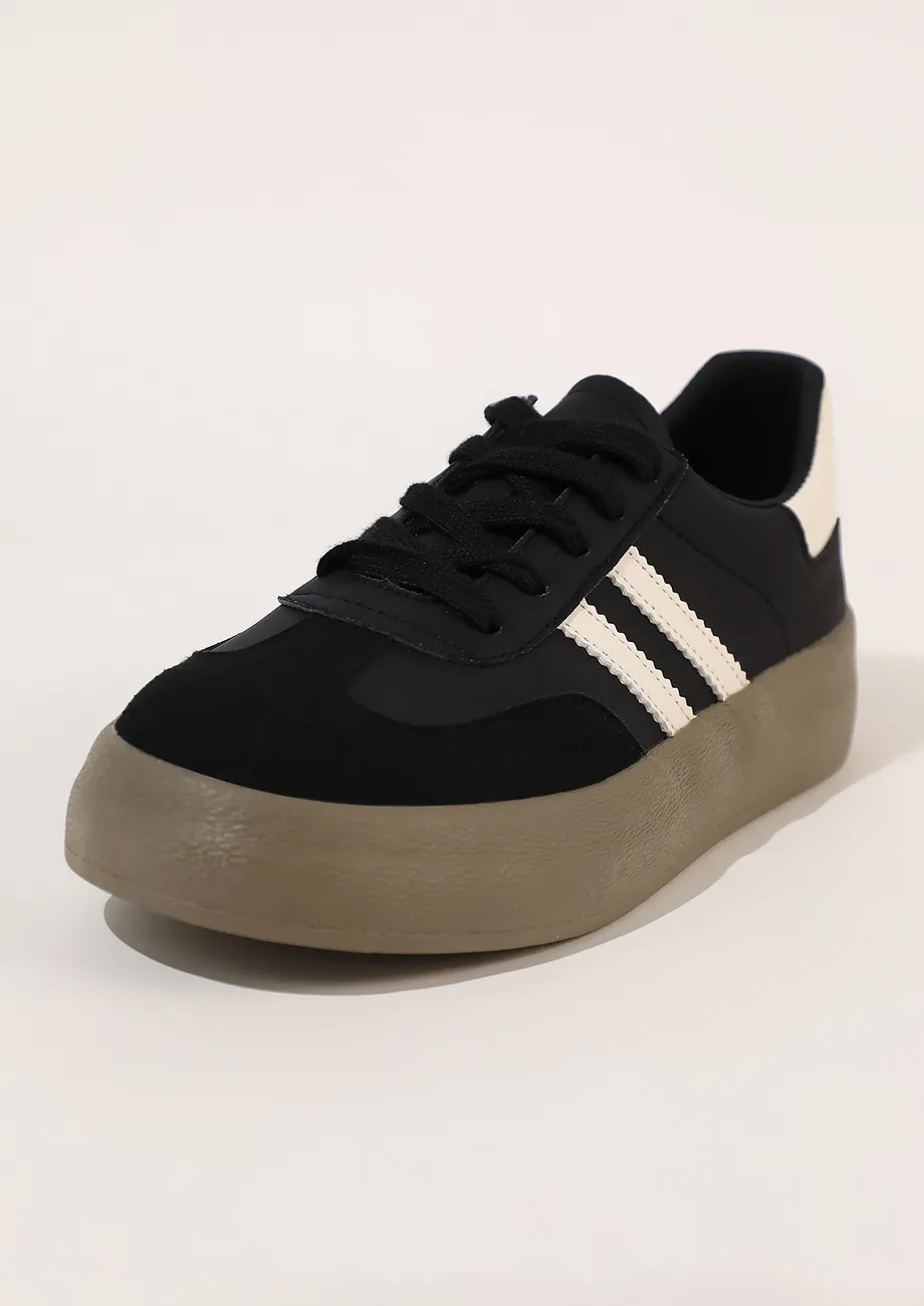 BLACK IMITATION LEATHER ROUNDED TOE TRAINERS