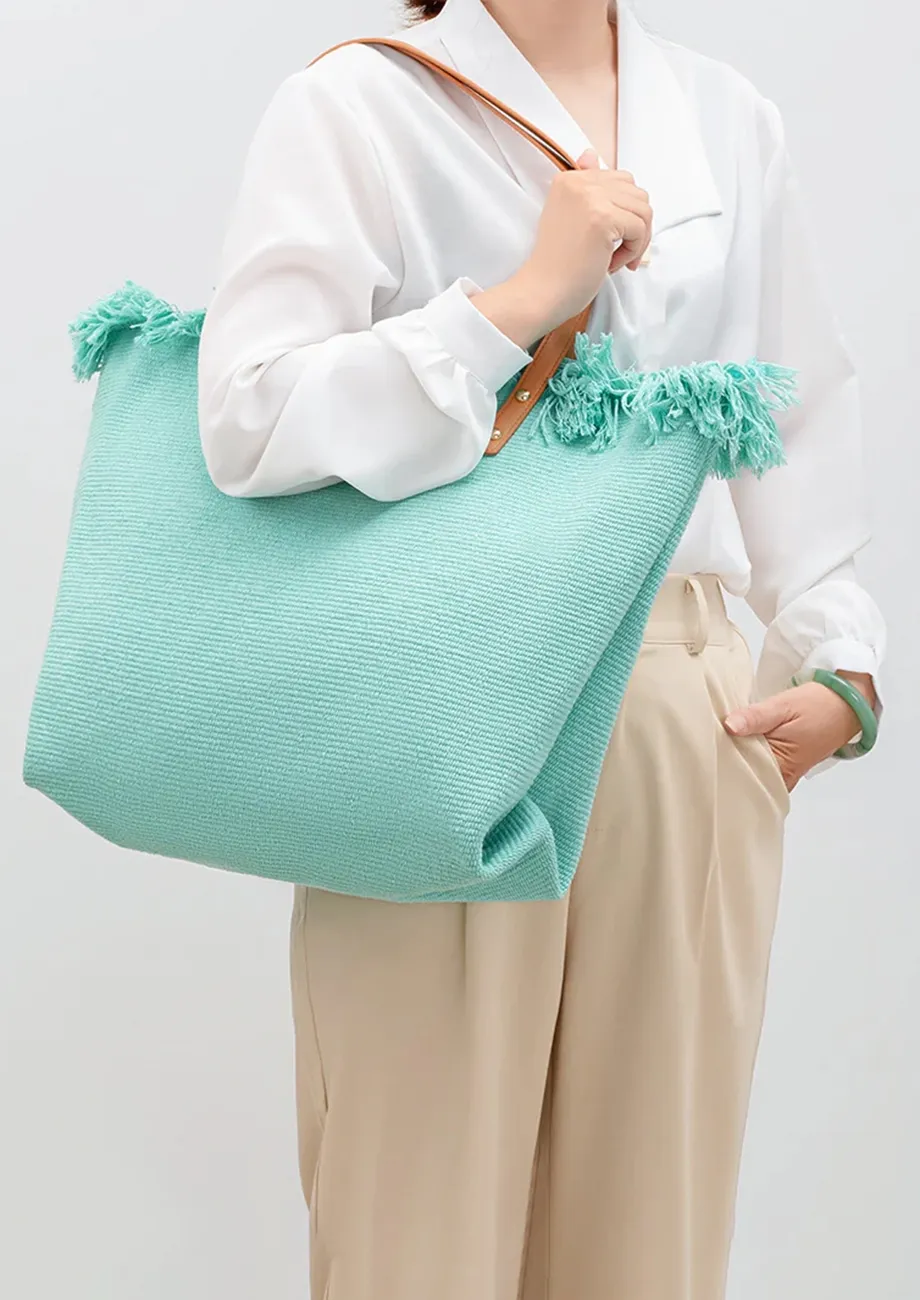 LIGHT BLUE LARGE FRINGE-EDGE CANVAS TOTE BAG