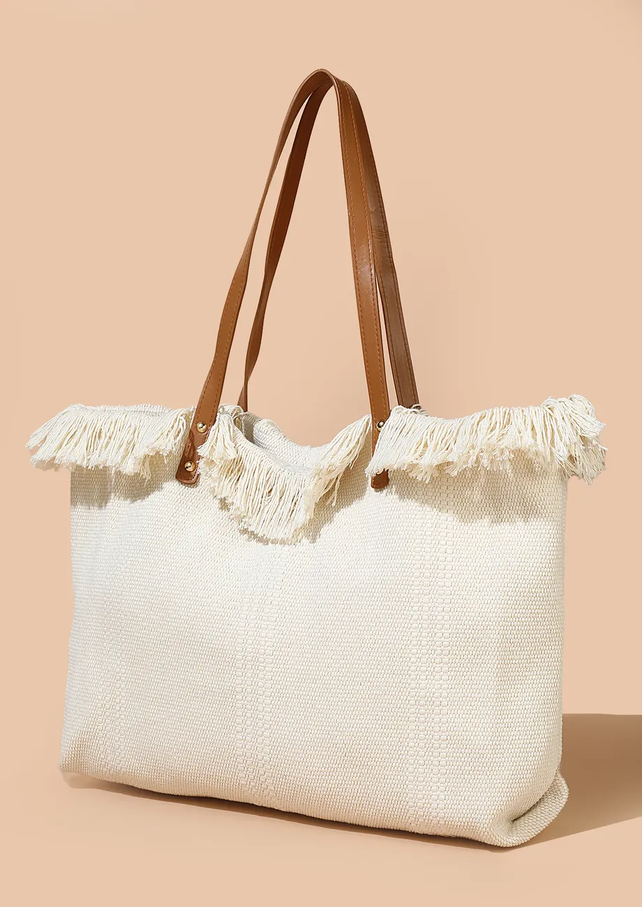 Buy WHITE LARGE FRINGE-EDGE CANVAS TOTE BAG for Women Online in India 