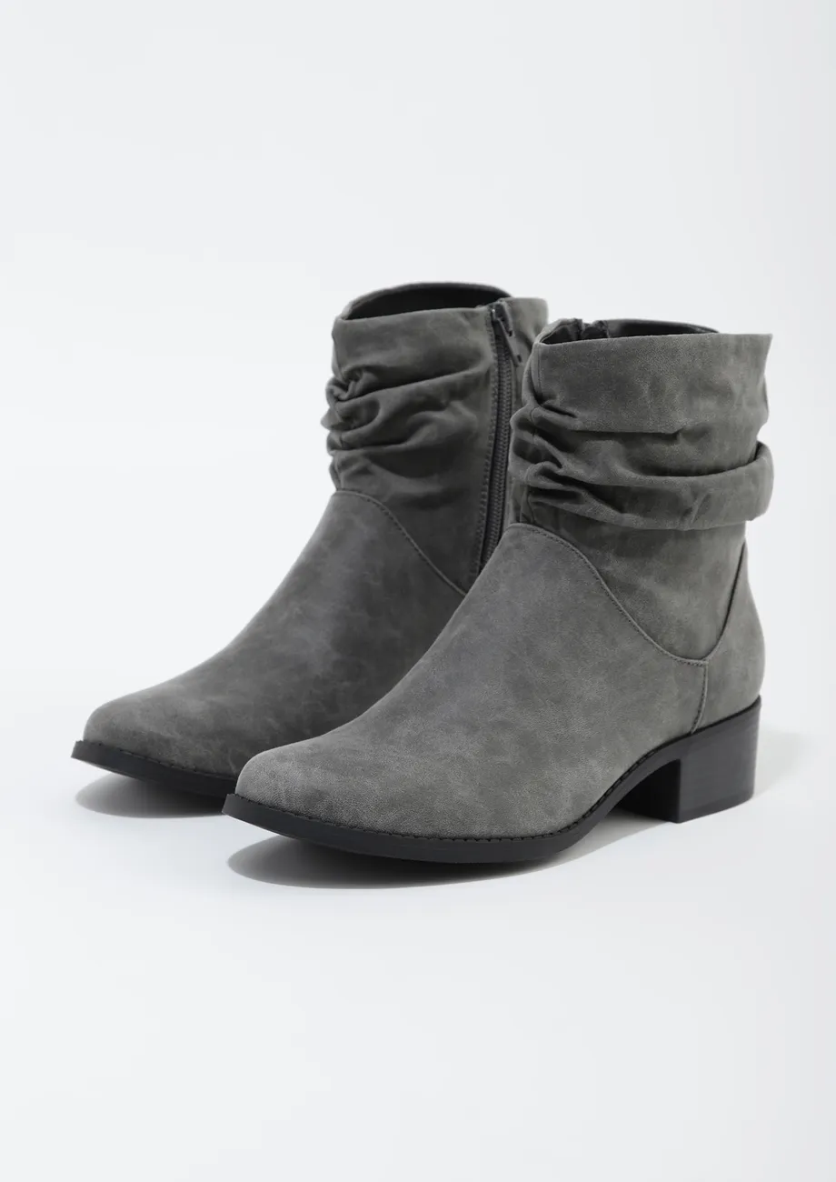 Buy ISN T IT AWESOMENESS AROUND L500 RUCHED SIDE ZIP FLY CLOSURE PU HEELED SUEDE GREY ANKLE BOOTS for Women Online in India