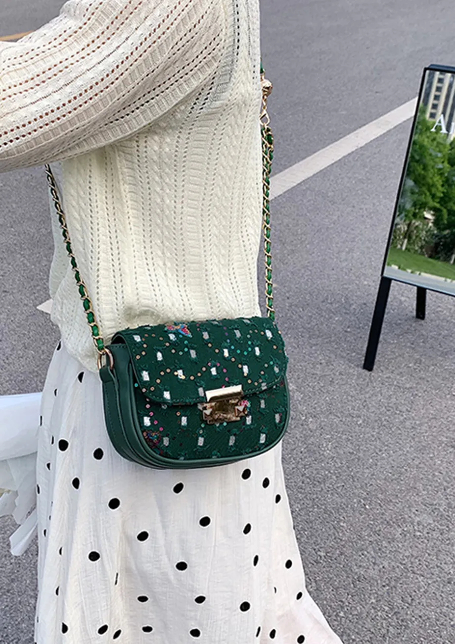 PRETTY PLZ EMBELLISHED GREEN SLING BAG