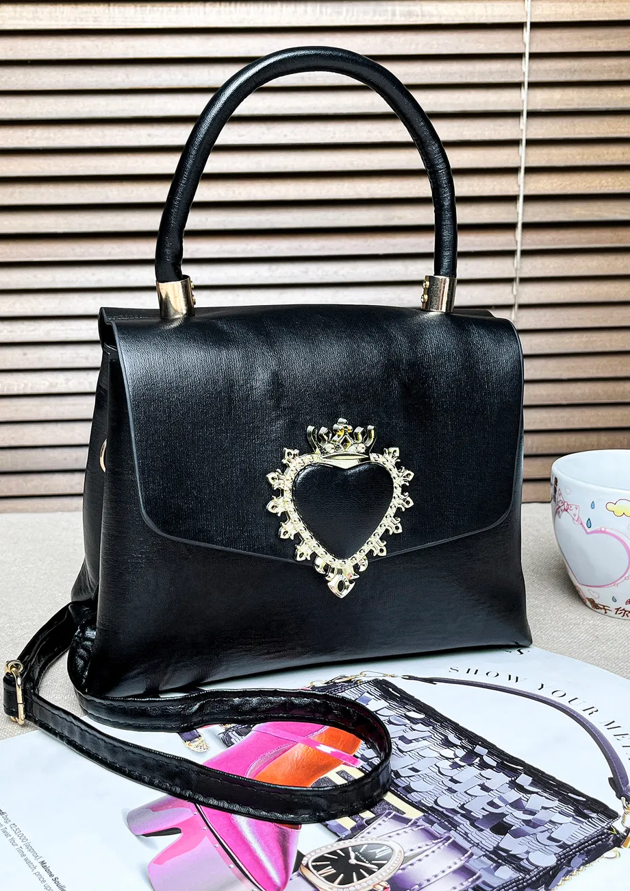 QUEEN OF HEARTS BLACK LEATHER HANDBAG