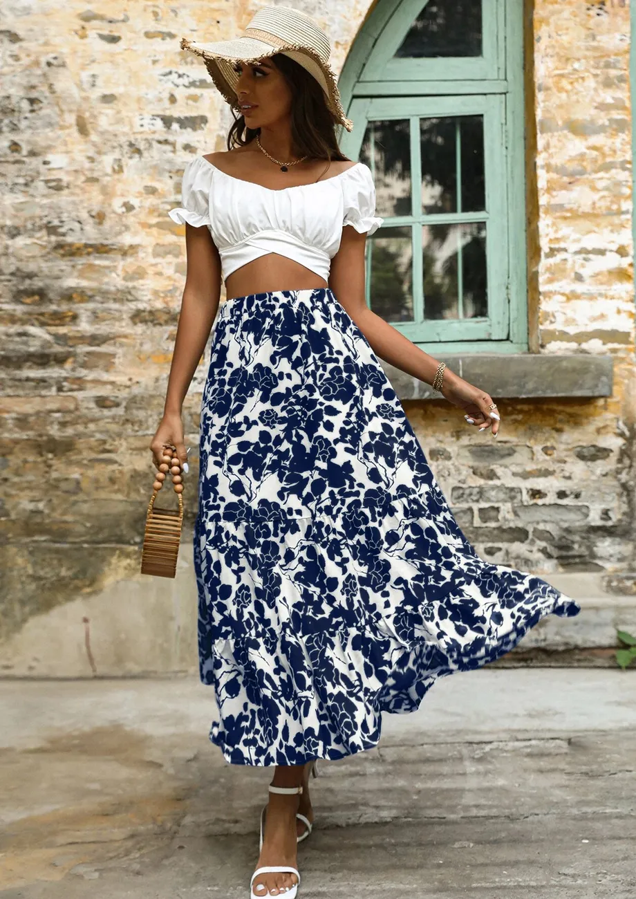 Buy BLUE HIGH RISE MIDI PRINTED SKATER SKIRT for Women Online in India