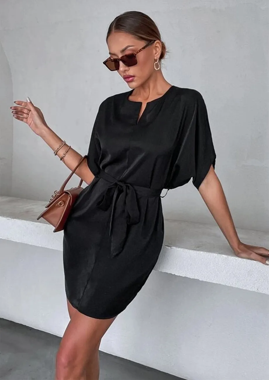 Buy BLACK TIE WAIST V NECK SHIFT DRESS for Women Online in India