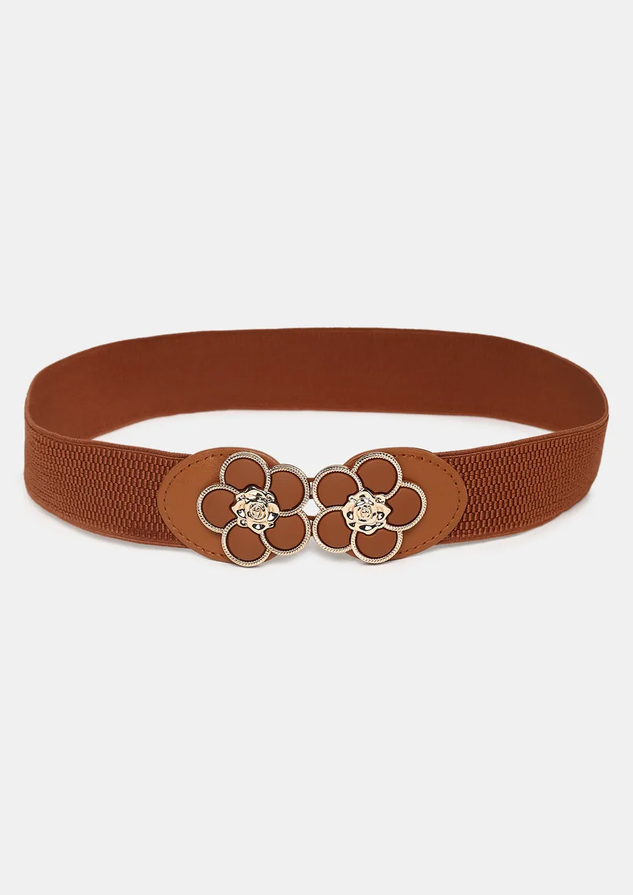 BROWN METALLIC-FLORAL ELASTICATED BELT