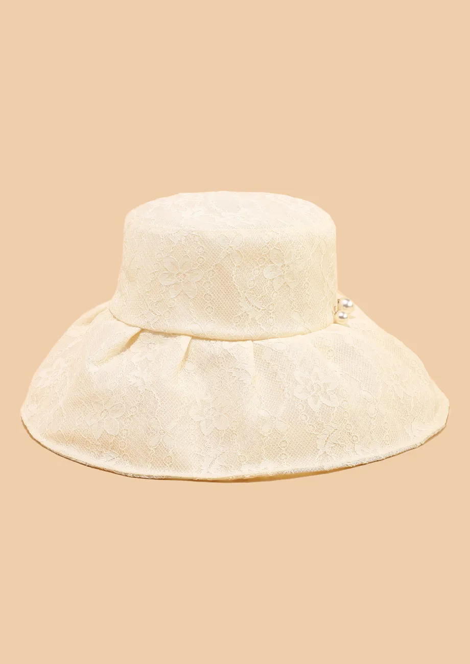 BEIGE PEARL-DETAIL LACE BUCKET HAT