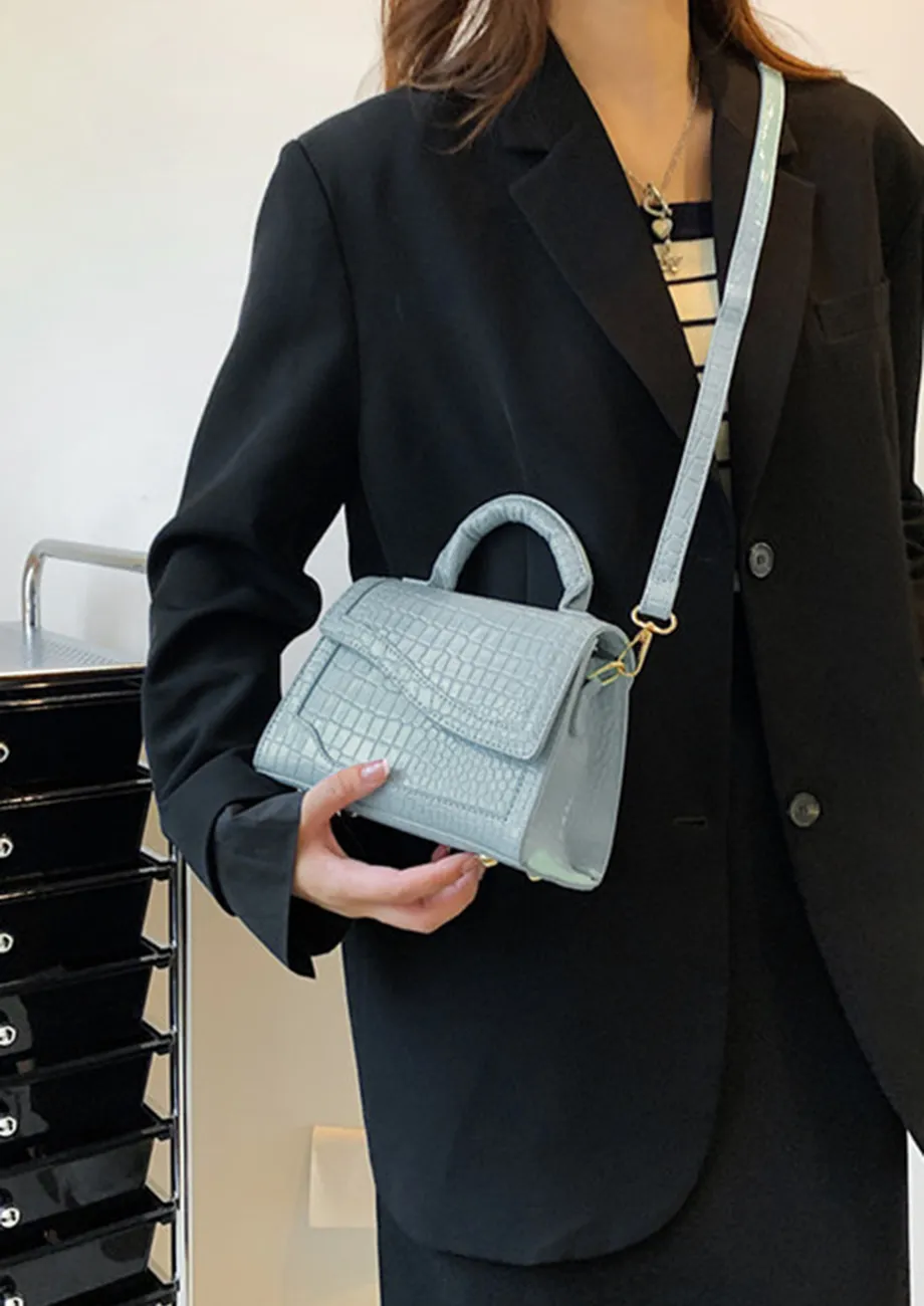 BLUE EMBOSSED GEOMETRIC PU HANDBAG