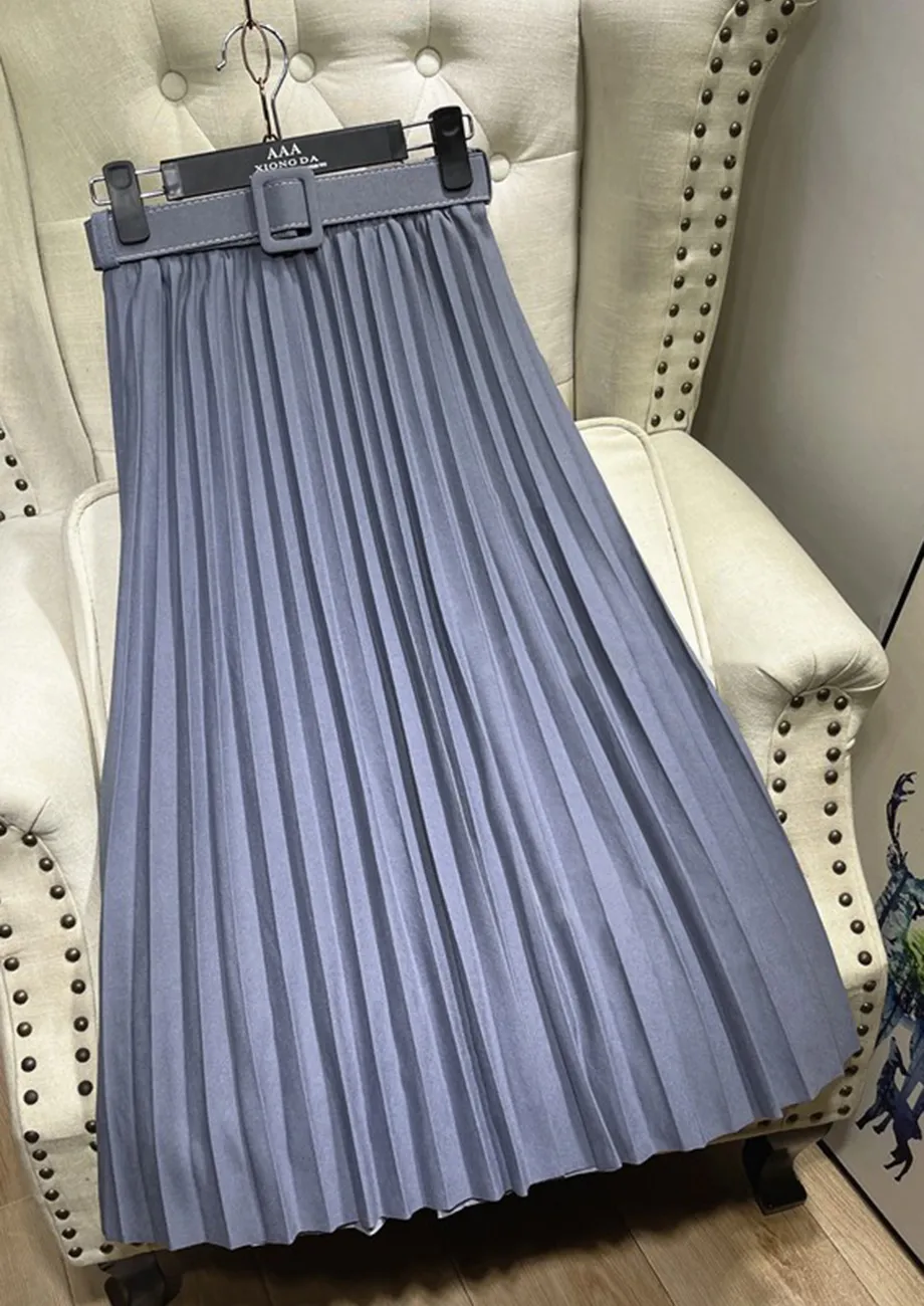 Buy GREY BLUE PLEATED MIDI SKIRT WITH BELT for Women Online in India