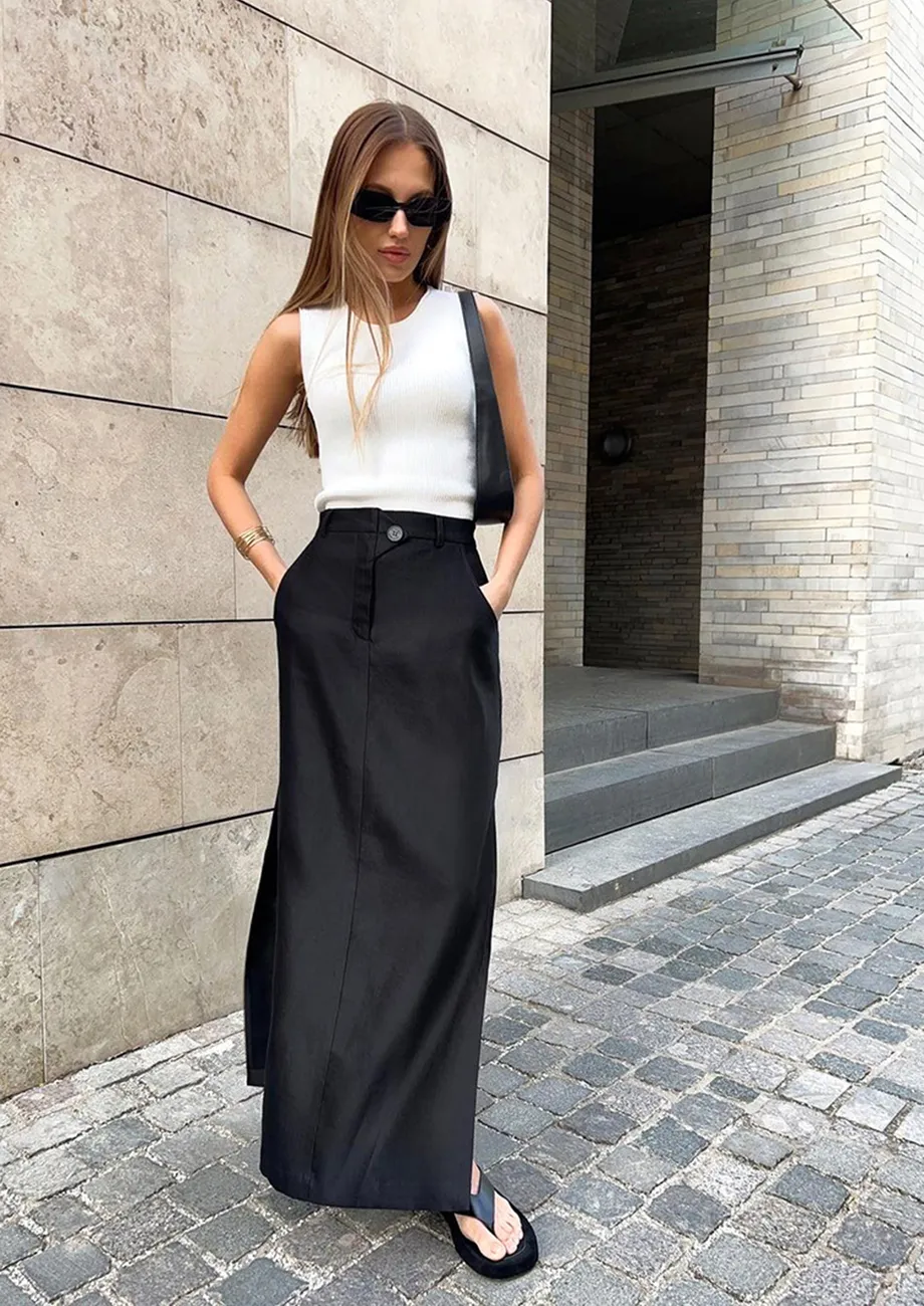 Buy BLACK HIGH RISE A LINE SLIT MAXI SKIRT for Women Online in India