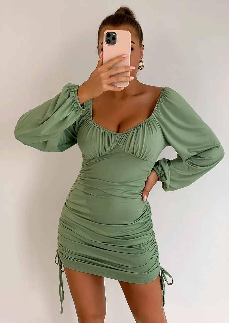 Buy GREEN PUFF SLEEVE ALL OVER RUCHED BODYCON DRESS for Women Online in India