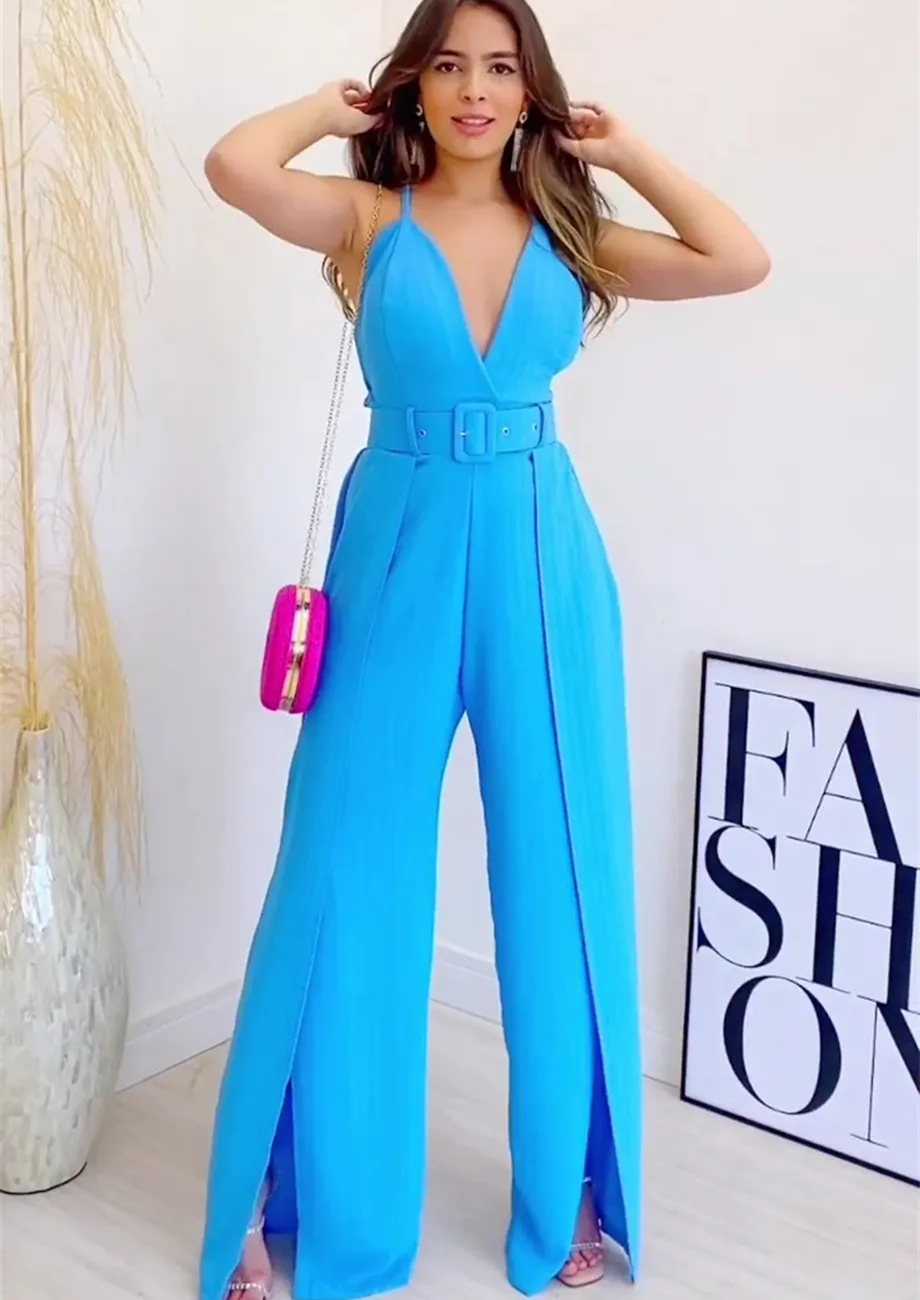 Buy SLIT HEM BLUE V NECK WIDE LEG JUMPSUIT for Women Online in India