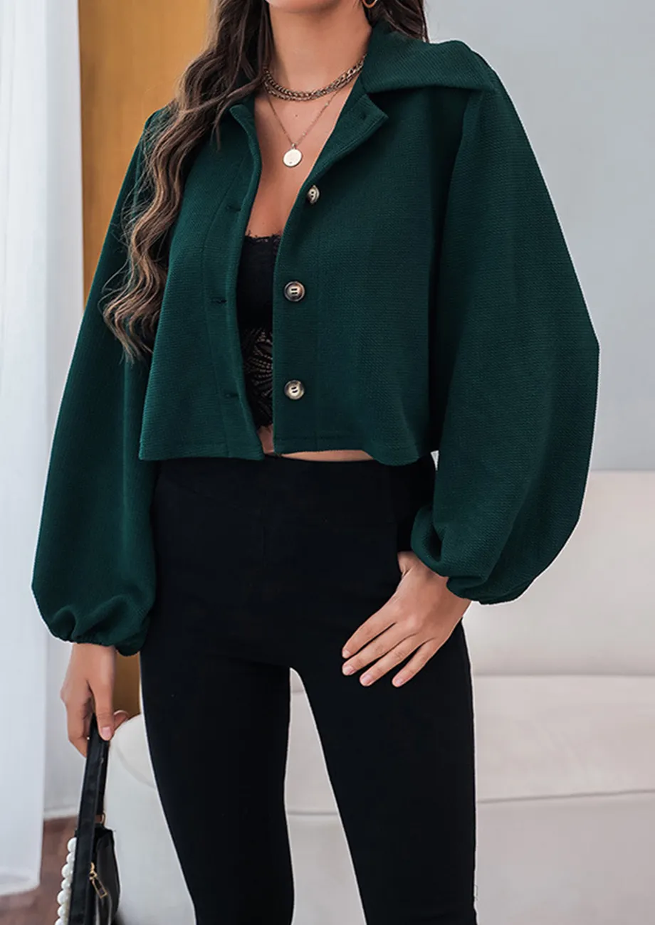 Buy PUFF SLEEVE BUTTONED DARK GREEN CROP JACKET for Women Online in India