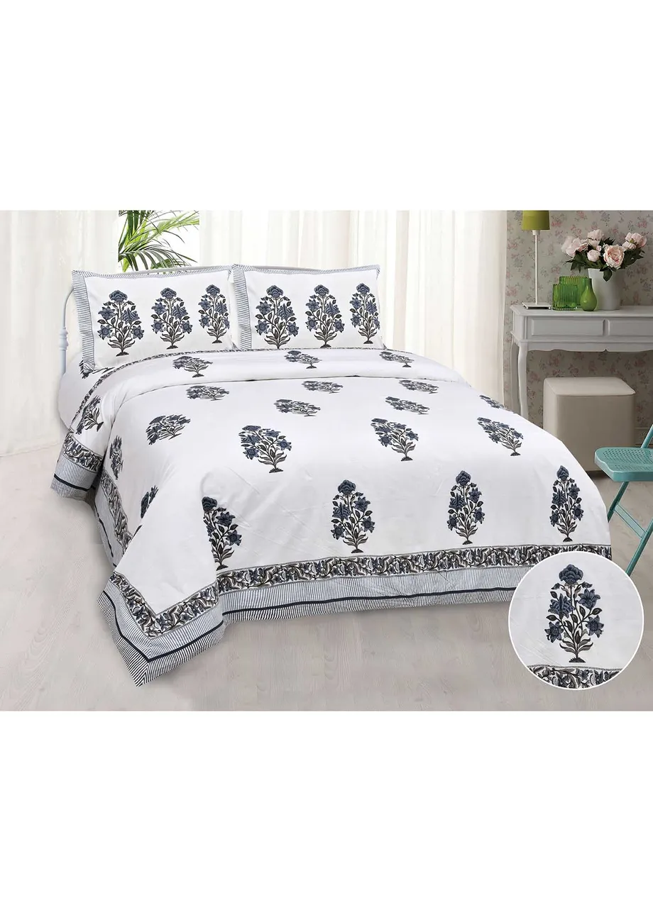Organic Grey Floral Bunch Fine Cotton Hand Block King Size Bedsheet Set