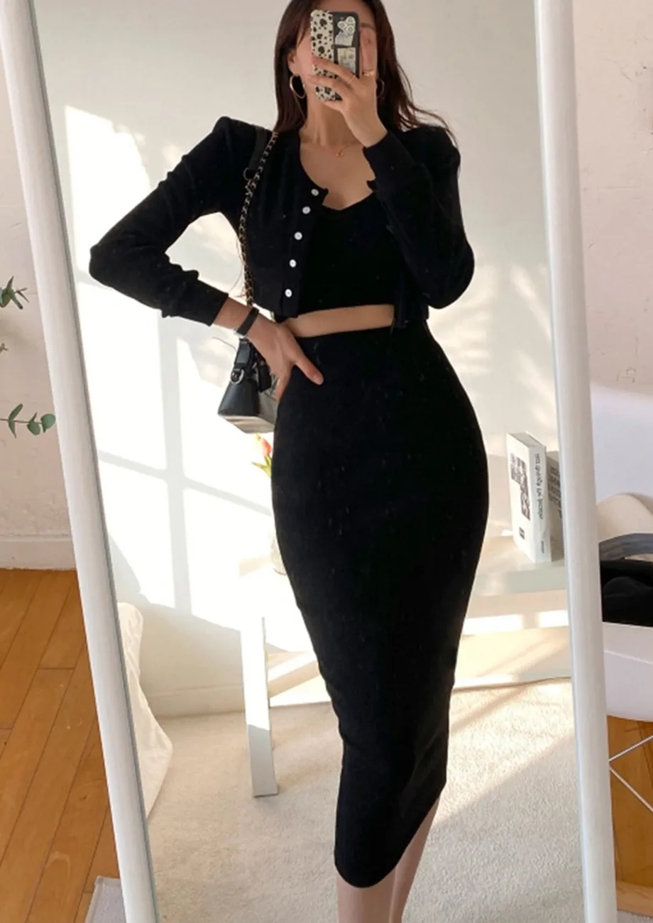 Buy BLACK TOP CARDIGAN AND PENCIL SKIRT 3 PC SET for Women Online in India