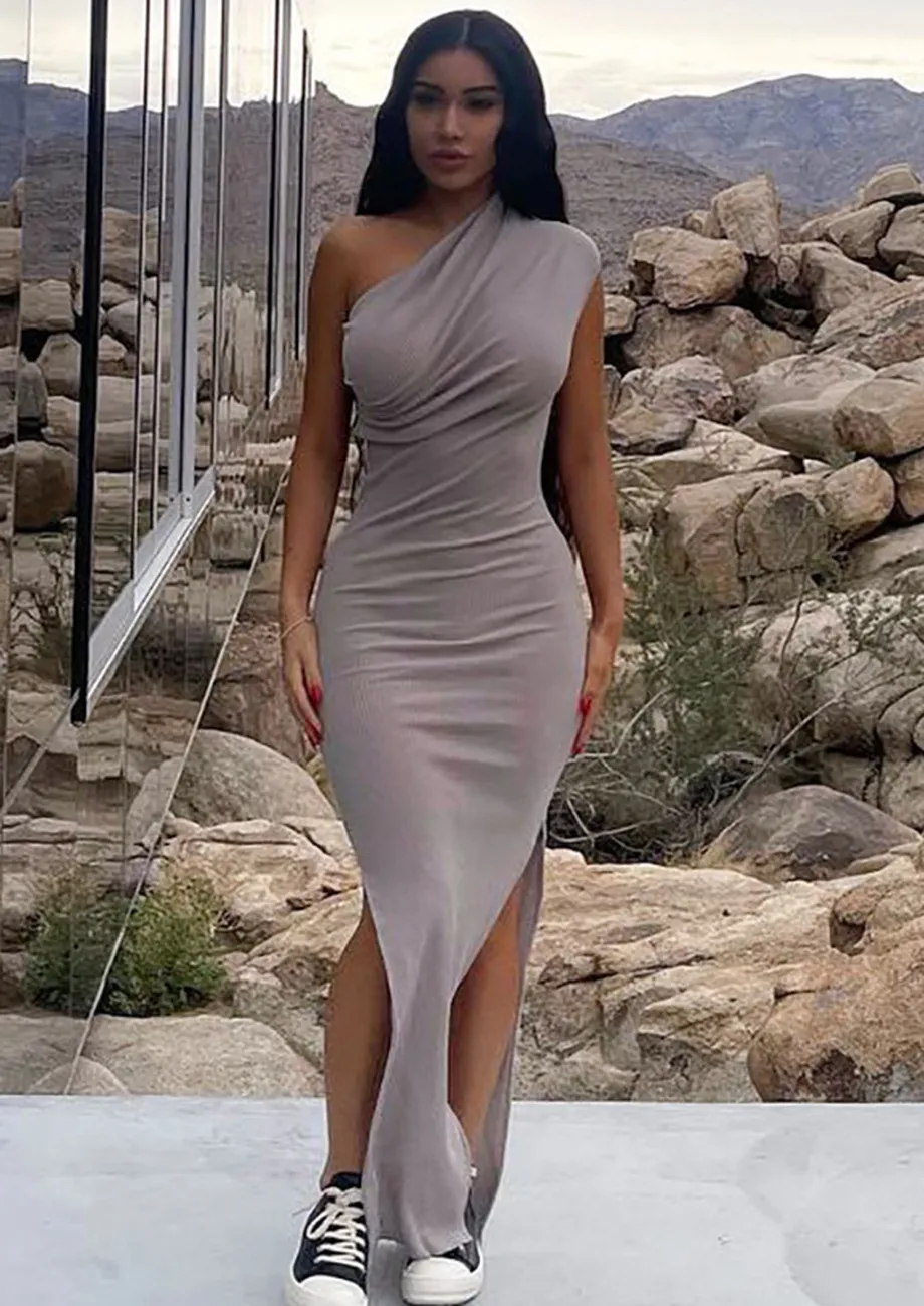 Buy PLEATED ONE SHOULDER GREY PENCIL DRESS for Women Online in India