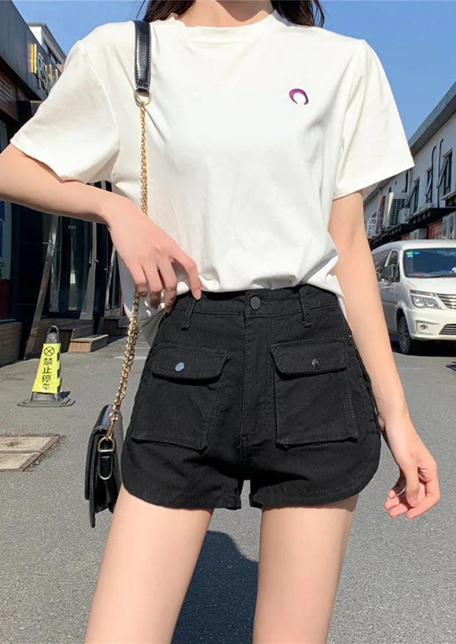 BLACK BIG POCKET TOOLING DENIM SHORTS