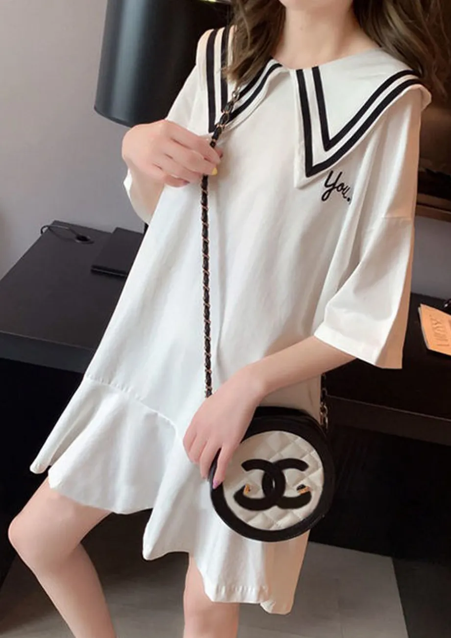 PURITAN COLLAR PRINTED DETAIL WHITE TUNIC DRESS