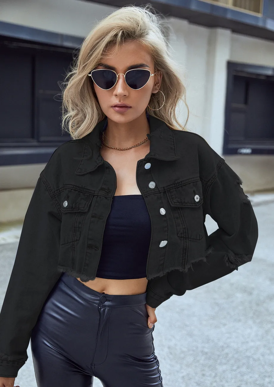 Black distressed cropped denim jacket best sale