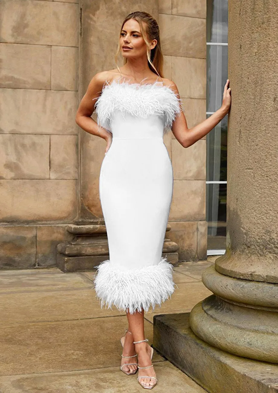 Buy FITTED WHITE FAUX FEATHER TRIM DETAIL MIDI DRESS for Women Online in  India