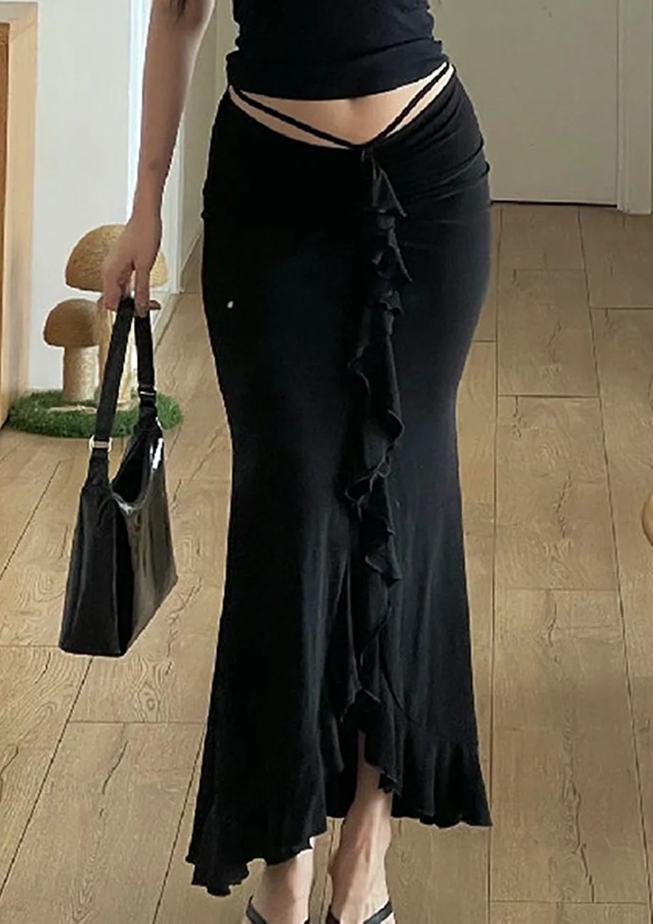Black Draped V-shape Low-waist Maxi Skirt