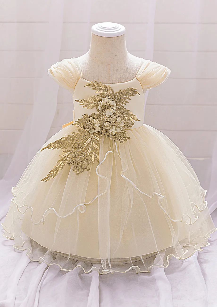 Champagne Floral Cap Sleeve Girls Dress