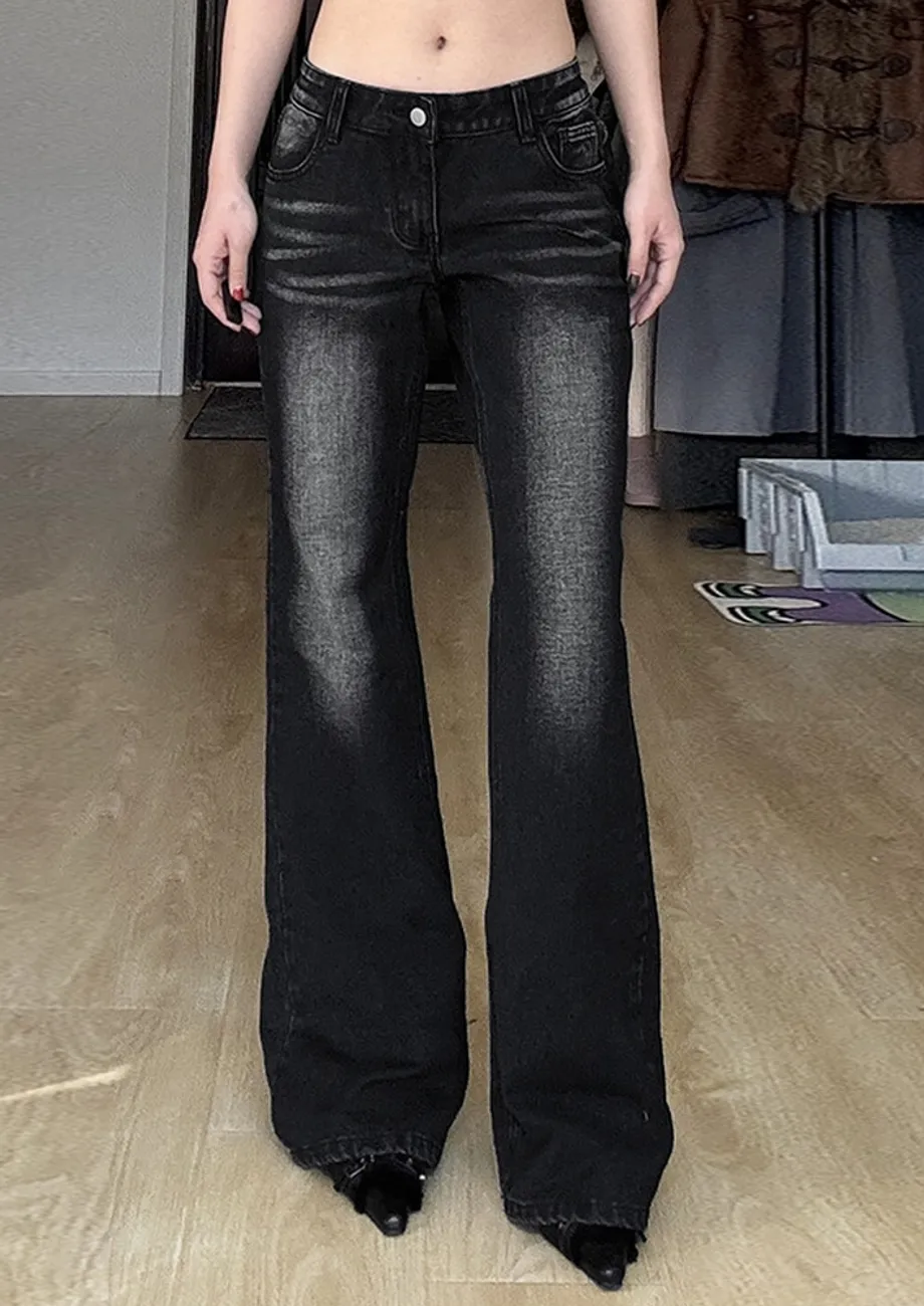 Black Washed Effect Flared Low Jeans