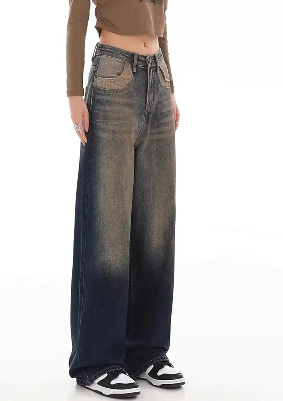 Blue Washed-effect Wide Leg Jeans