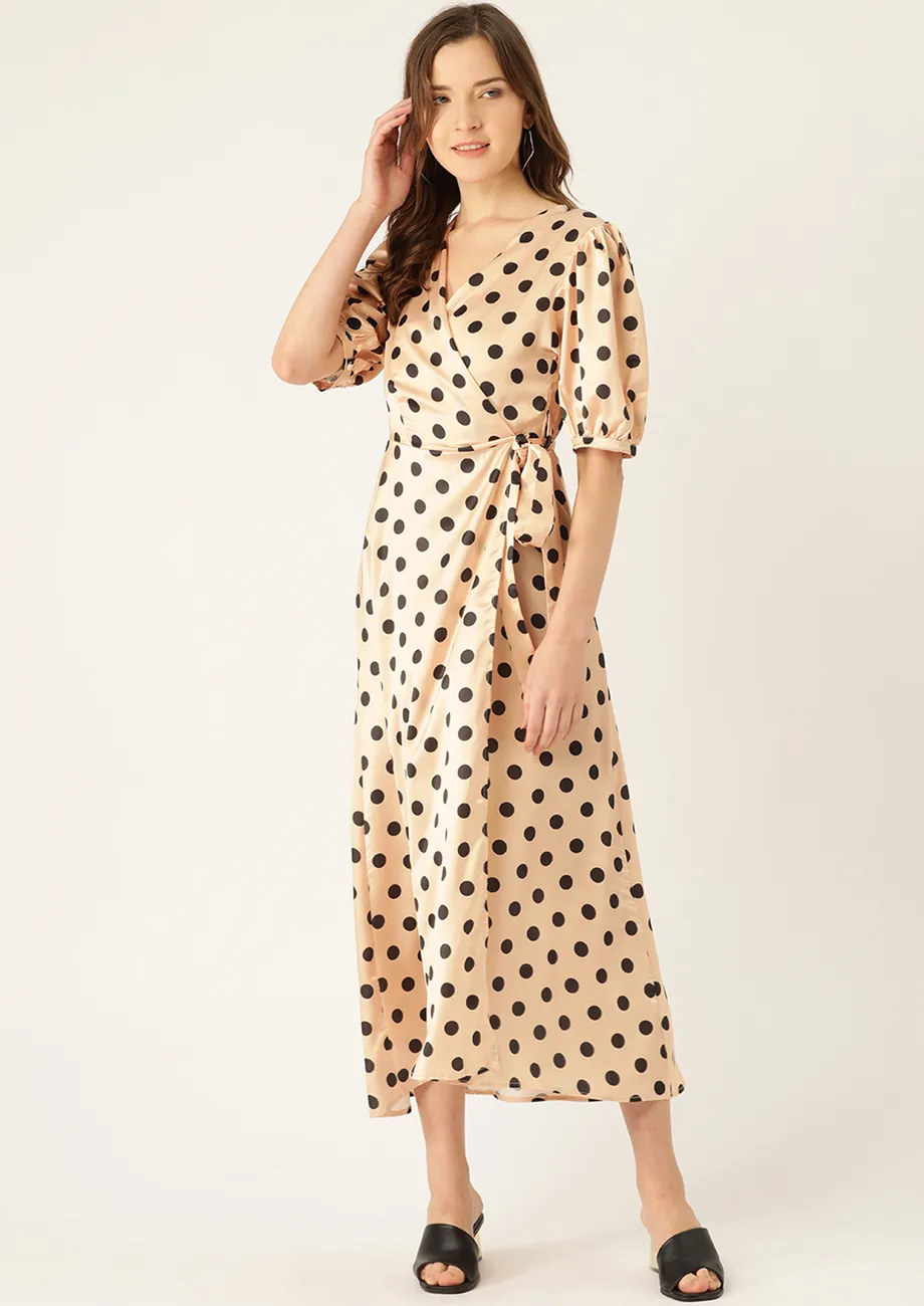 Satin polka dot wrap dress hotsell